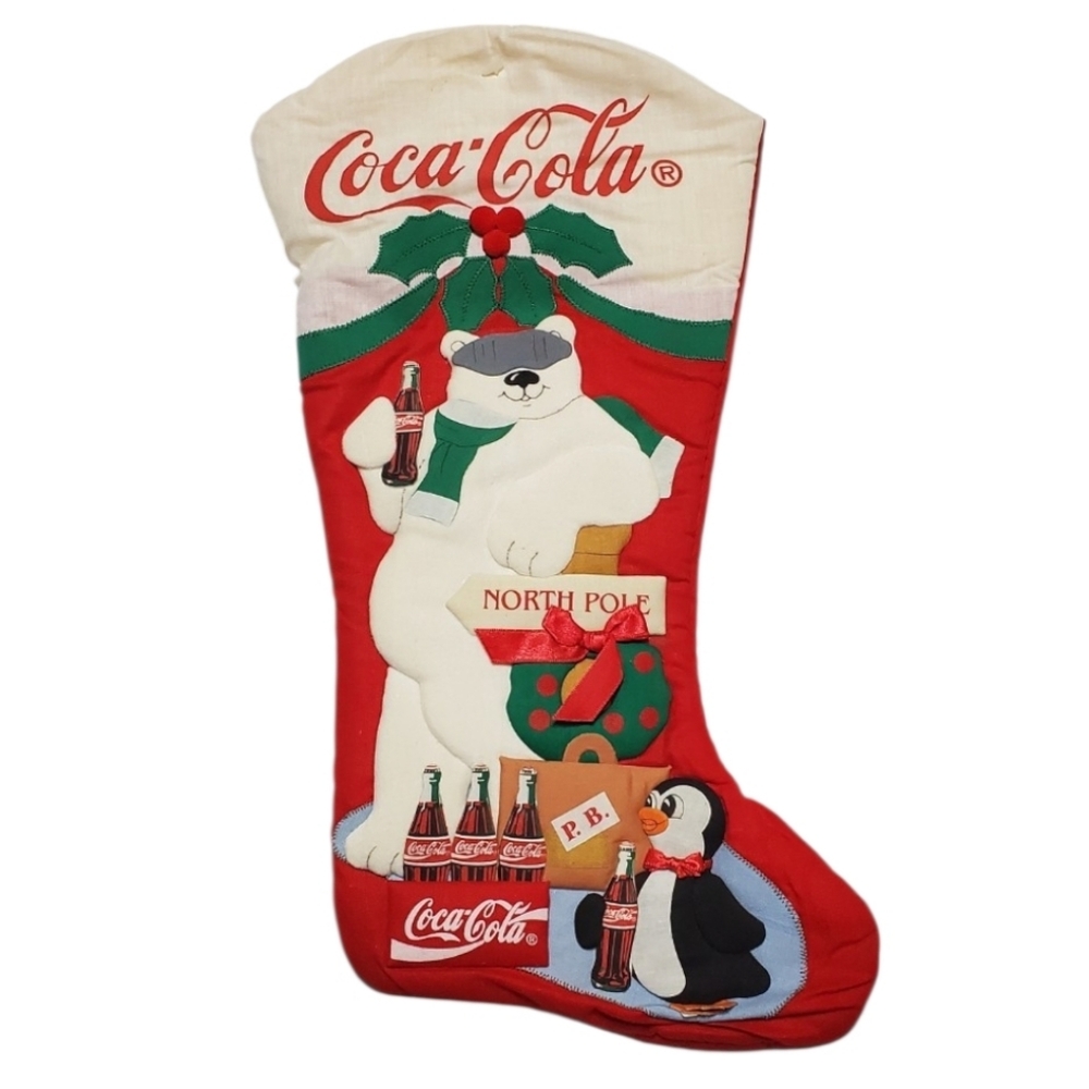 3D Coca Cola Polar Bear and Penguin Red Holiday Christmas Stocking